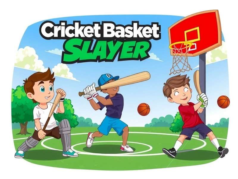 Cricket Basket Slayer Cover Image showing players in action with cricket bats and basketball hoops